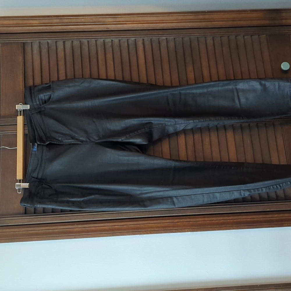 Leather look waxed denim jeans